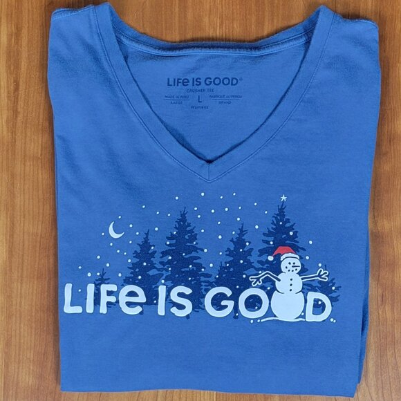 Life is Good Vintage Blue V-Neck Snowman Landscape Long Sleeve Crusher Tee - L - Picture 5 of 10